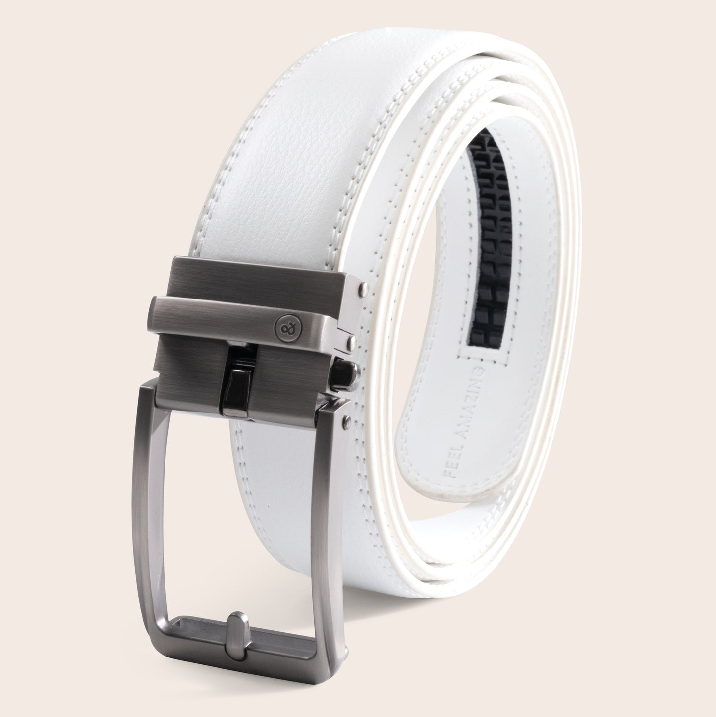 White belt with a black buckle on a light beige background
