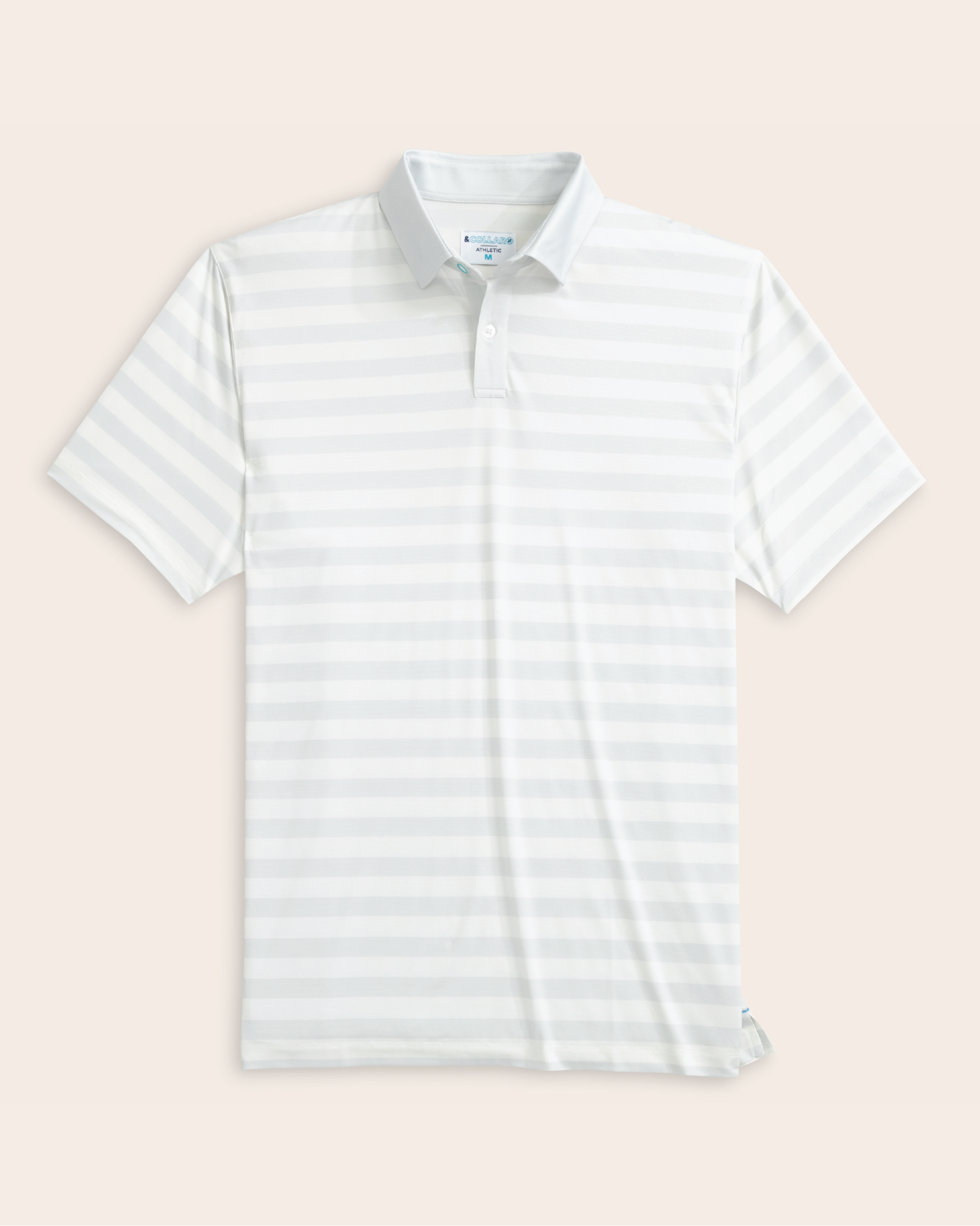 A white and gray striped short-sleeve polo shirt