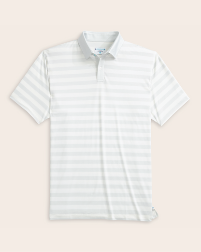 A white and gray striped short-sleeve polo shirt