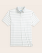 A white and gray striped short-sleeve polo shirt