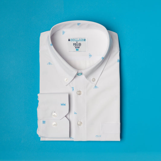 White shirt with small blue icons of the 7 wonders