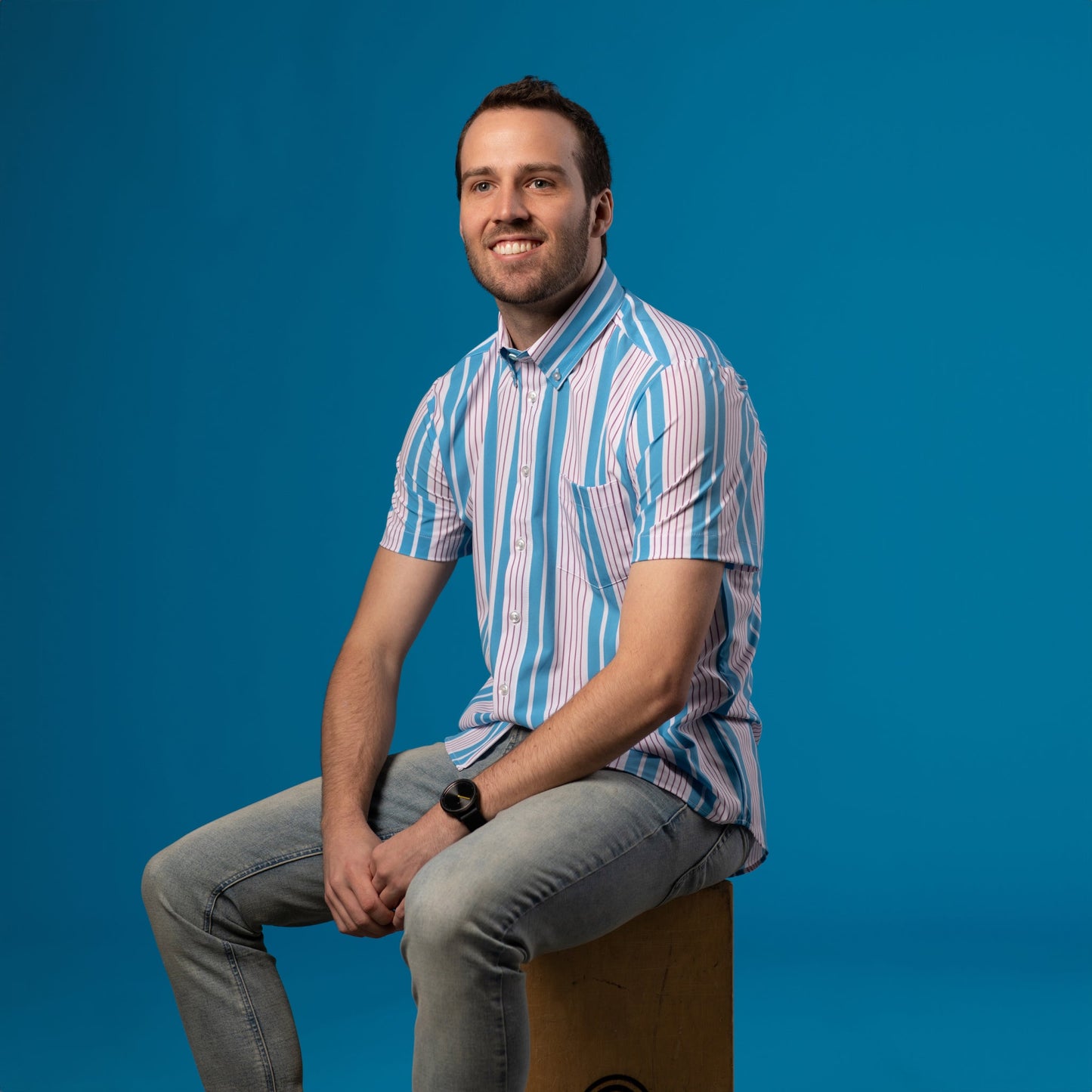 Man wearing Light blue and white shirt with mauve pinstripes