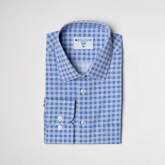 Blue shirt with white checkers