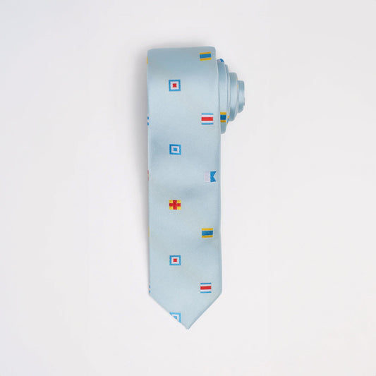 Light blue tie with colorful flag patterns