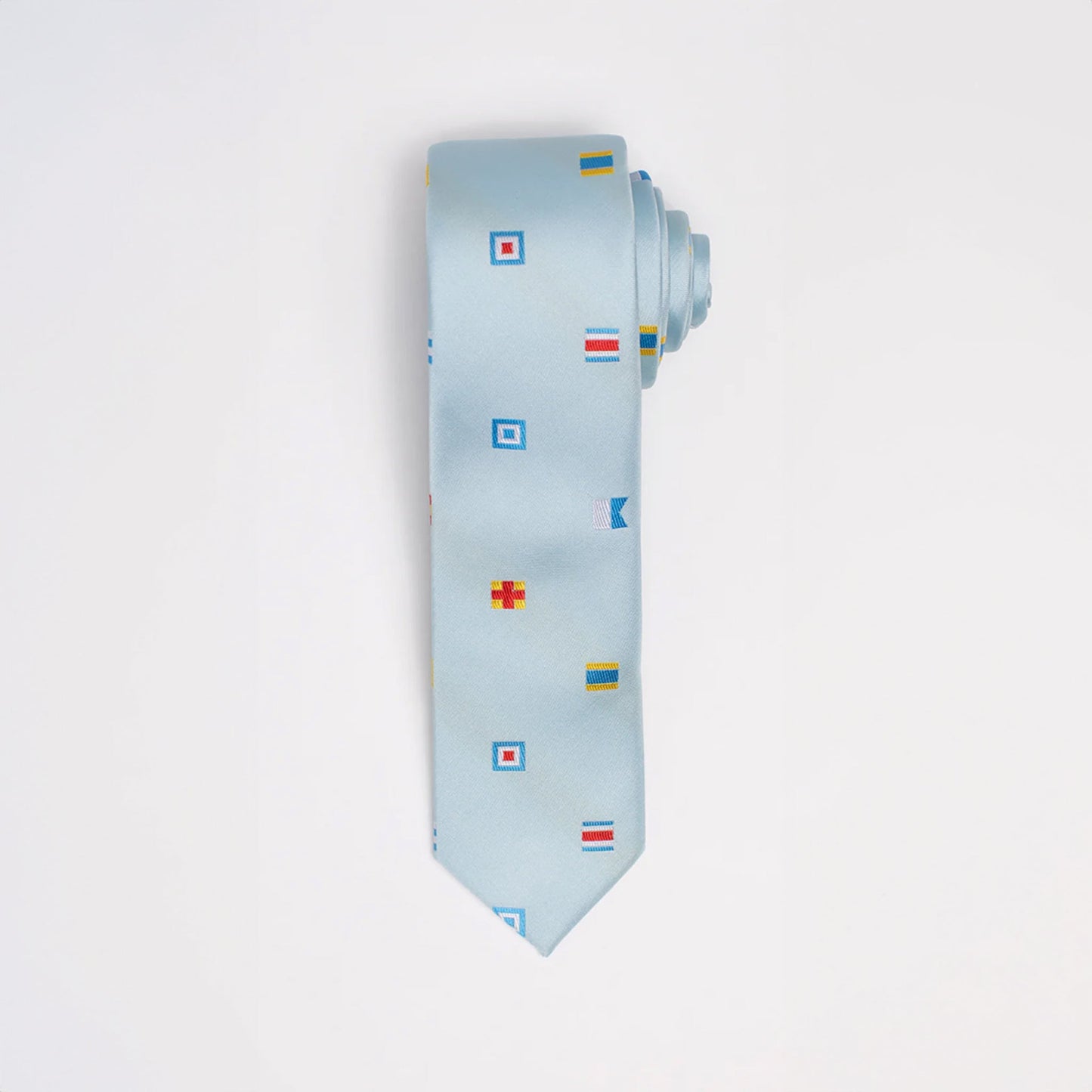 Light blue tie with colorful flag patterns
