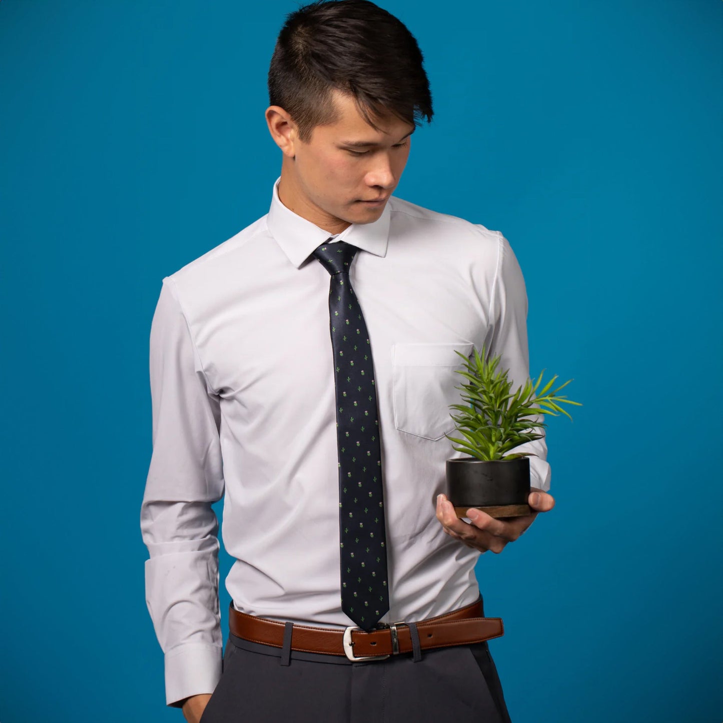 Navy blue tie with green cactus pattern on a white shirt